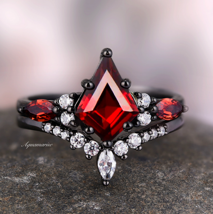 Skye Kite™ Natural Red Garnet Kite Engagement Ring Set- Black Rhodium Filled