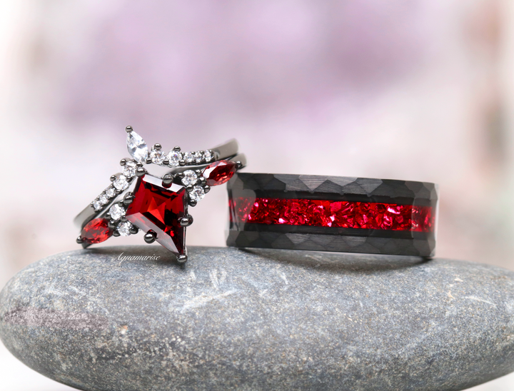 Skye Kite™ Natural Red Garnet Kite Engagement Ring Set- Black Rhodium Filled