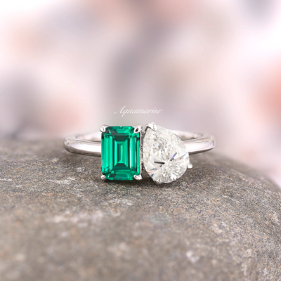 Minimalist Emerald Diamond Ring For Women- 925 Sterling Silver Green Gemstone Toi Et Moi Engagement Ring- May/ April Birthstone Jewelry