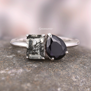 'Toi Et Moi' Rutilated Quartz & Black Onyx Ring- 925 Sterling Silver