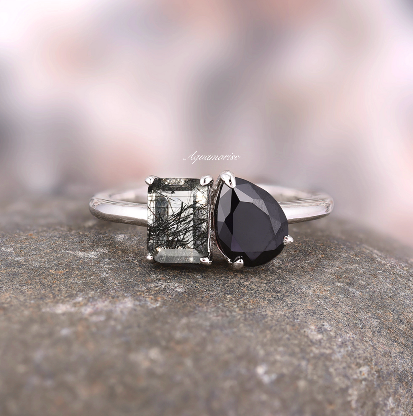 Rutilated Quartz & Black Diamond Engagement Ring For Women- Toi Et Moi Sterling Silver Natural Quartz Black Onyx Promise Ring Wedding Ring