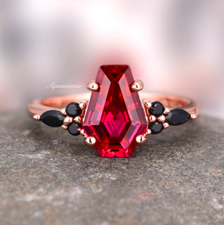 Coffin Cut Ruby & Black Onyx Ring- 14K Rose Gold Vermeil