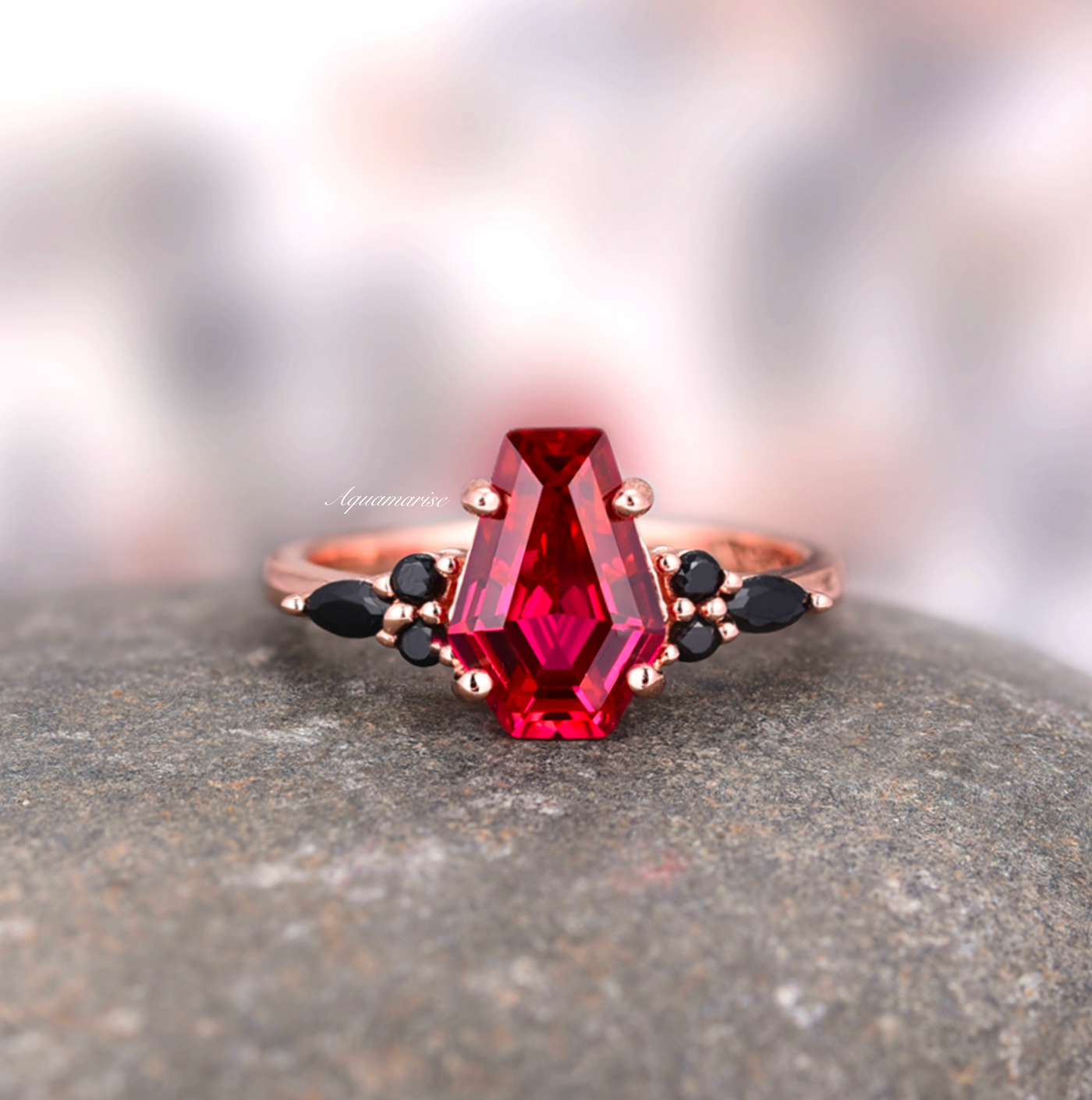 Coffin Ruby & Black Diamond Ring For Women- 14K Rose Gold Vermeil Unique Engagement Ring For Her Dainty Promise ring July Birthstone Jewelry