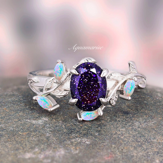 Starry Night & Opal Leaf Ring- Sterling Silver