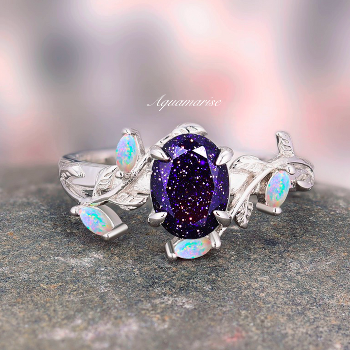 Starry Night & Australian Opal Leaf Ring- 14K White Gold