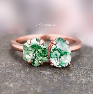 Toi Et Moi Green Moss Agate Ring- 14K Solid Rose Gold