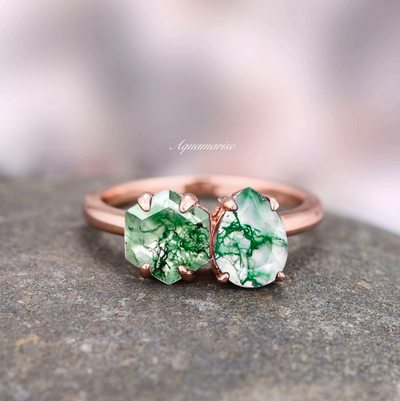 Natural Green Moss Agate Ring For Women- 14K Rose Gold Vermeil Toi Et Moi Agate Engagement Ring Unique Promise Ring Anniversary Gift For Her
