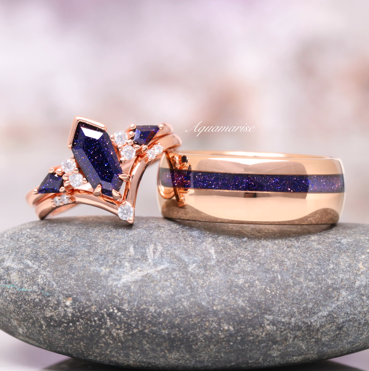 Coffin Kite Galaxy Sandstone Ring- 14K Rose Gold Vermeil Unique Goldstone Engagement Ring Set- Unique Promise Ring For Her Orion Nebula Ring