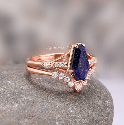 Coffin Galaxy Sandstone Ring Set For Women- 14K Rose Gold Vermeil Unique Goldstone Engagement Ring- Promise Ring For Her Orion Nebula Ring