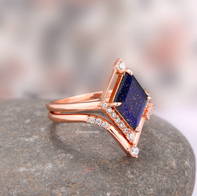 Kite Galaxy Sandstone Ring Set for Women- 14K Rose Gold Vermeil Unique Goldstone Engagement Ring Set- Promise Ring For Her Orion Nebula Ring