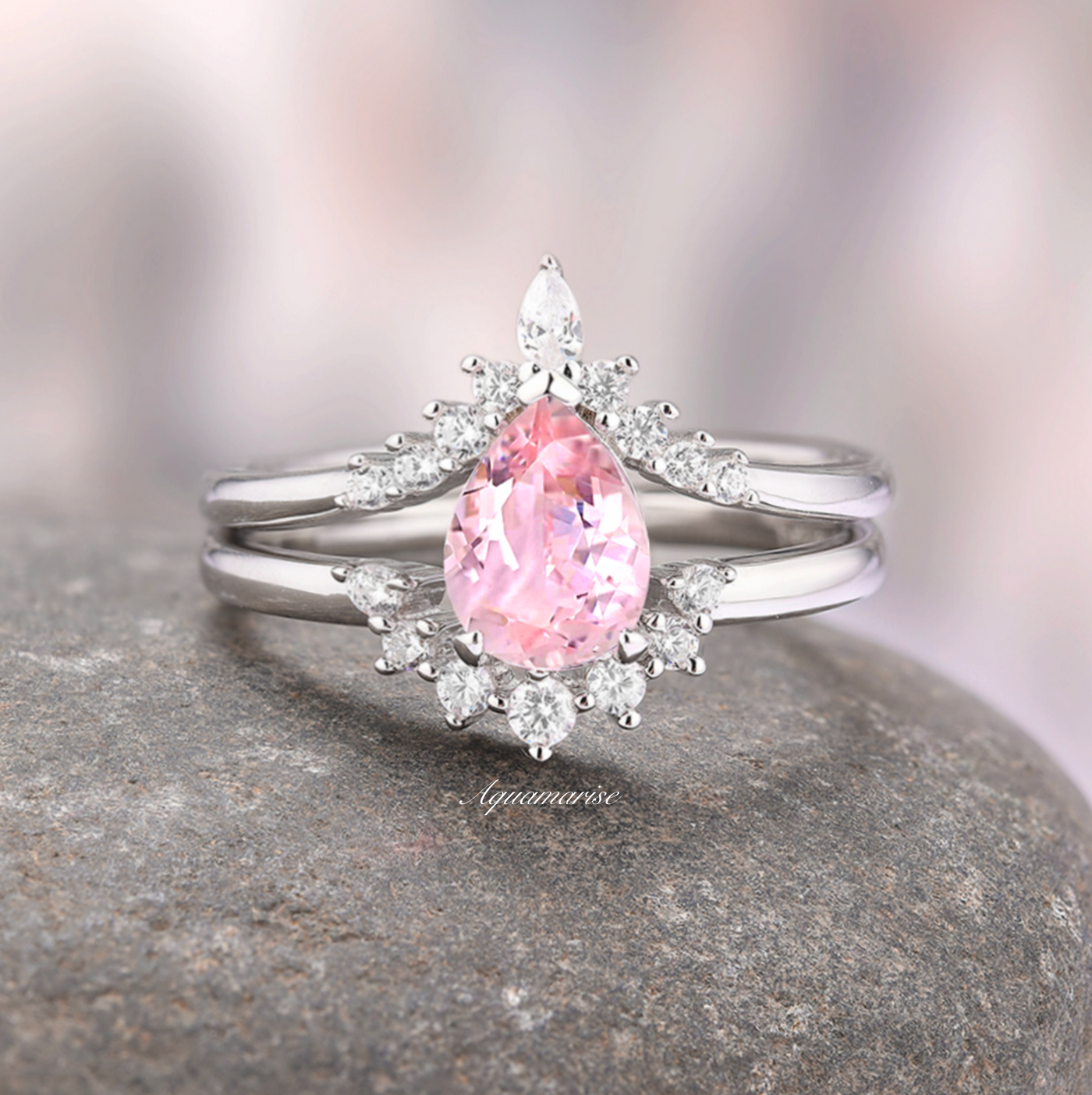 Lunette Teardrop Pink Tourmaline Ring Set- Sterling Silver Unique Engagement Ring For Women- Dainty Promise Ring- October Birthstone- Gift For Her