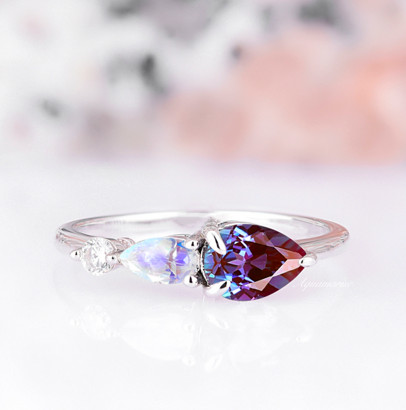 Alexandrite & Moonstone Ring- 925 Sterling Silver Gemstone Engagement Ring For Women Promise Ring June Birthstone Anniversary Gift For Her