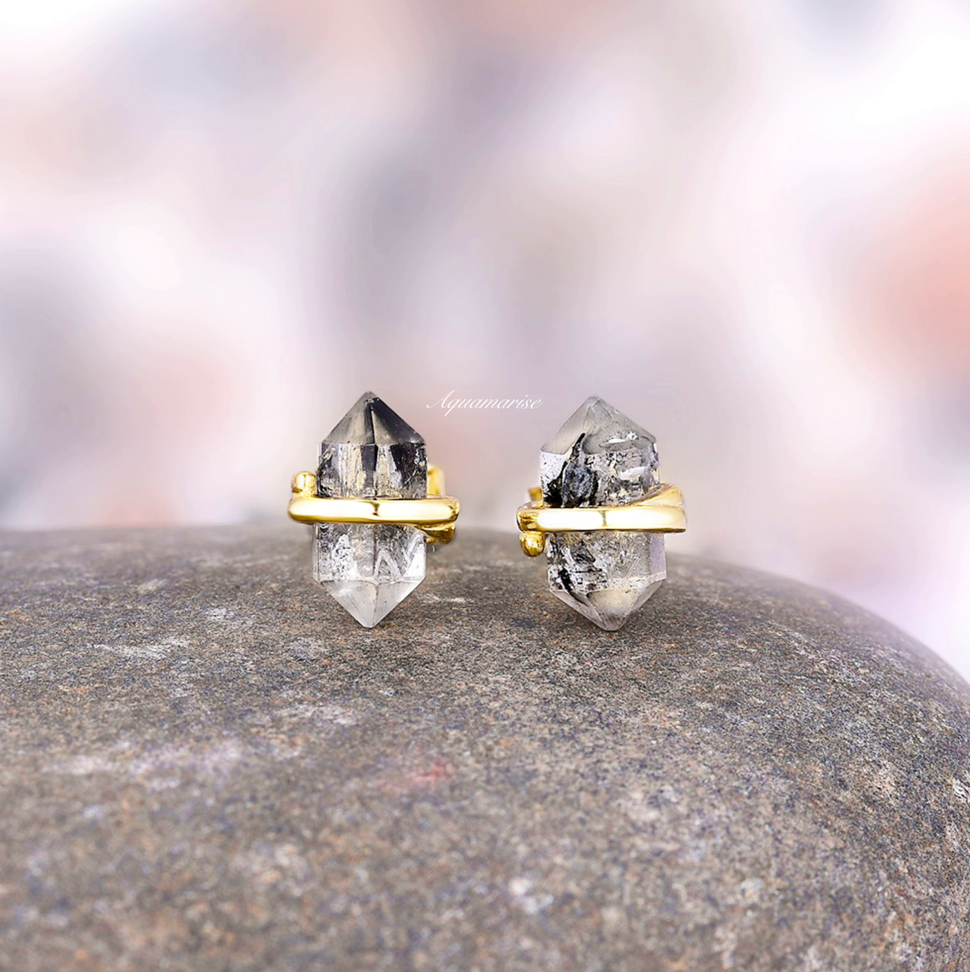Galaxy Raw Salt & Pepper Diamond Stud Earrings For Women- Raw Natural Herkimer Diamond Earrings 14K Yellow Gold Vermeil- Unique Earrings