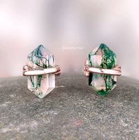 Raw Green Moss Agate Stud Earrings in 14K Rose Gold Vermeil by Aquamarise, featuring natural crystal moss agate stones wrapped in polished rose gold vermeil setting.