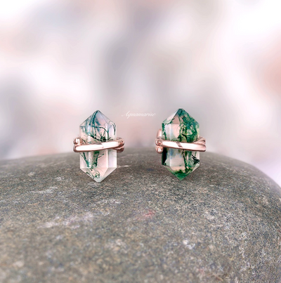 Raw Green Moss Agate Stud Earrings For Women- 14K Rose Gold Vermeil Natural Agate Studs Unique Birthstone Jewelry Anniversary Gift For Her