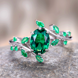 Emerald Leaf Engagement Ring in Sterling Silver