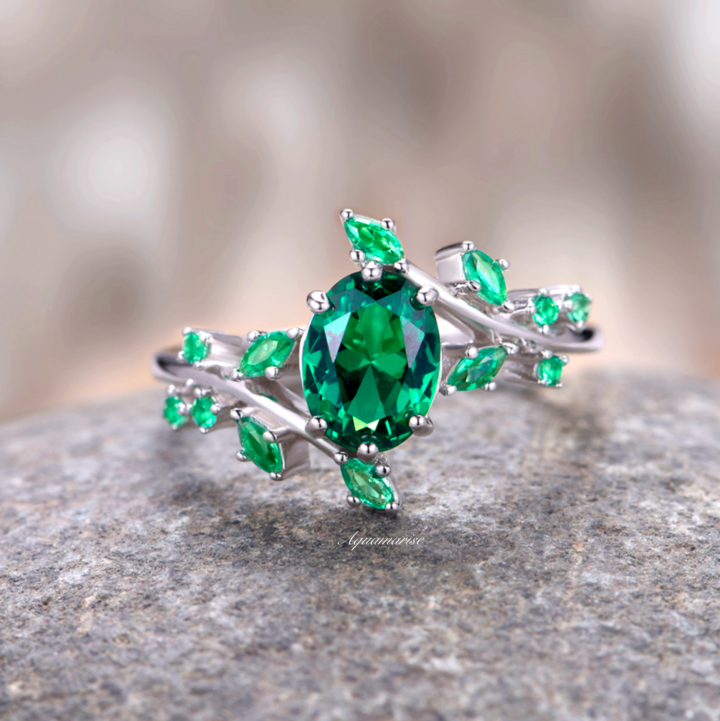 Emerald Green Leaf Engagement Ring For Women- 925 Sterling Silver- Unique Promise Ring- May Birthstone Jewelry- Anniversary Gift For Her