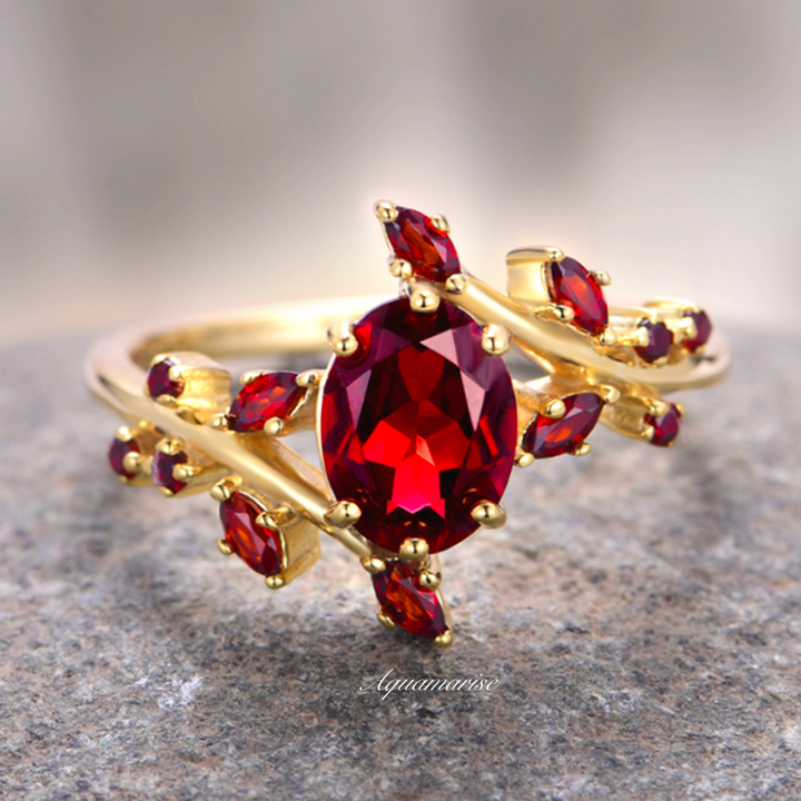 Natural Red Garnet Leaf Ring- 14K Yellow Gold Vermeil