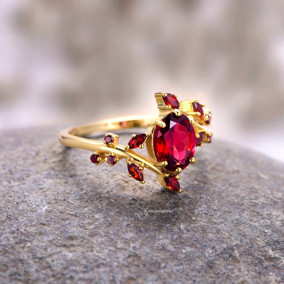 Natural Red Garnet Leaf Ring- 14K Solid Yellow Gold