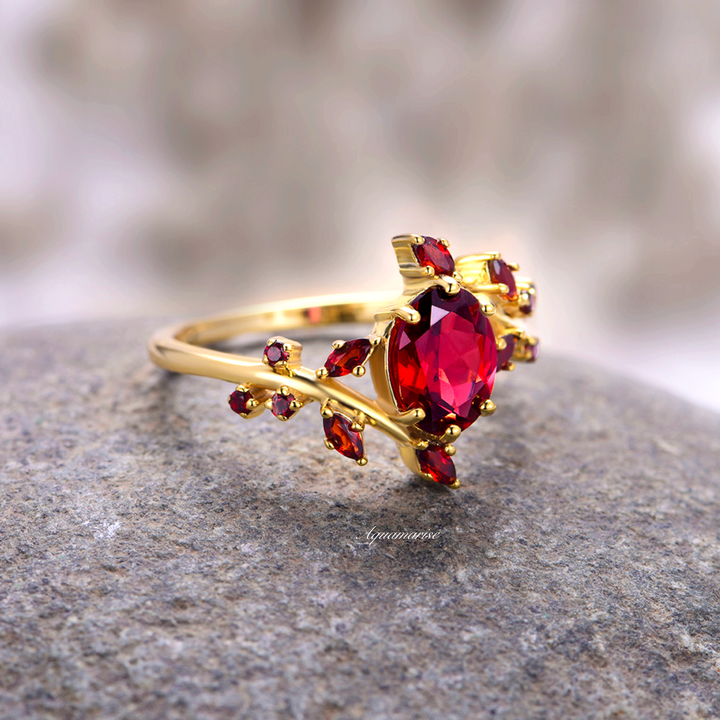 Natural Red Garnet Leaf Ring- 14K Yellow Gold Vermeil