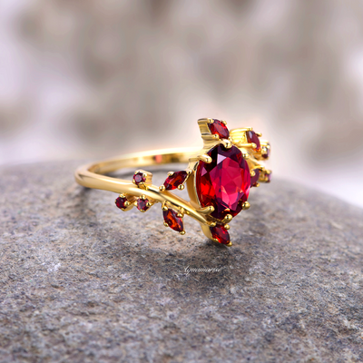 Natural Red Garnet Leaf Ring- 14K Yellow Gold Vermeil Engagement Ring For Women- Unique Red Promise Ring- Anniversary Gift Idea For Her