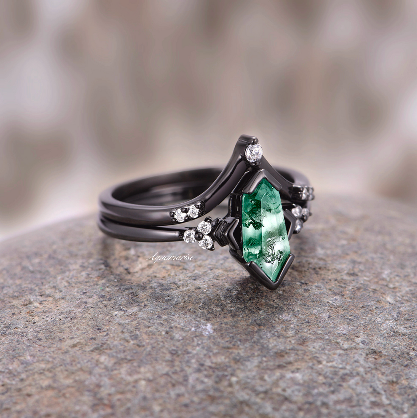 Coffin Cut Green Moss Agate Ring- Black Rhodium Filled Sterling Silver Natural Agate Engagement Ring- Promise Ring- Anniversary Gift For Her