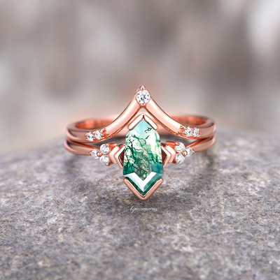 Coffin Cut Green Moss Agate Ring Set- 14K Rose Gold Vermeil Natural Agate Engagement Ring For Women- Promise Ring- Anniversary Gift For Her