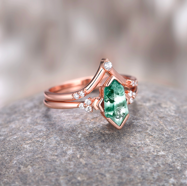 Green Moss Agate Ring Set- 14K Rose Gold Vermeil