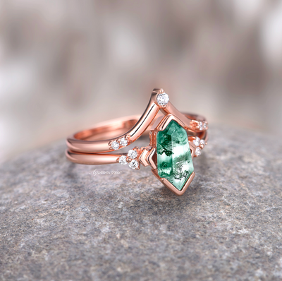 Coffin Cut Green Moss Agate Ring Set- 14K Rose Gold Vermeil Natural Agate Engagement Ring For Women- Promise Ring- Anniversary Gift For Her