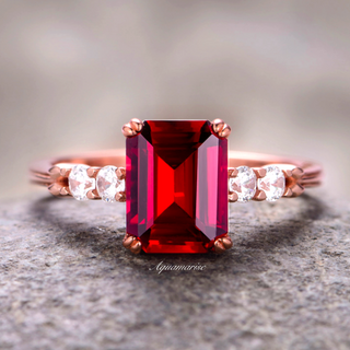 Emerald Cut Red Garnet Engagement Ring in 14K Solid Rose Gold (Hidden Halo)