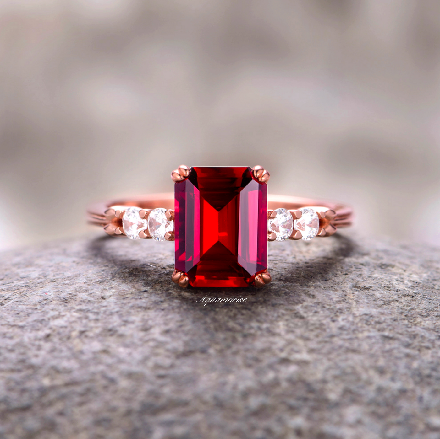 Natural Red Garnet Engagement Ring For Women- 14K Rose Gold Vermeil Emerald Cut Unique Red Garnet Promise Ring Anniversary Gift Idea For Her