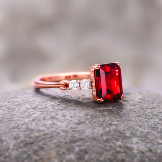 Emerald Cut Red Garnet Engagement Ring in 14K Solid Rose Gold (Hidden Halo)