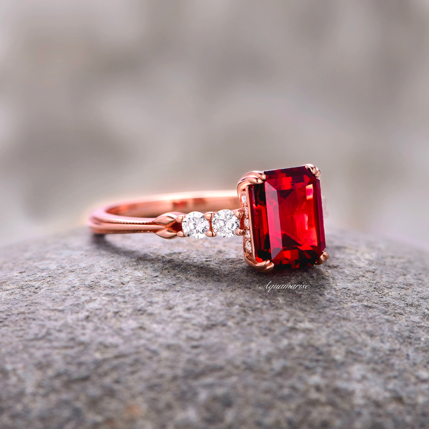 Natural Red Garnet Engagement Ring For Women- 14K Rose Gold Vermeil Emerald Cut Unique Red Garnet Promise Ring Anniversary Gift Idea For Her