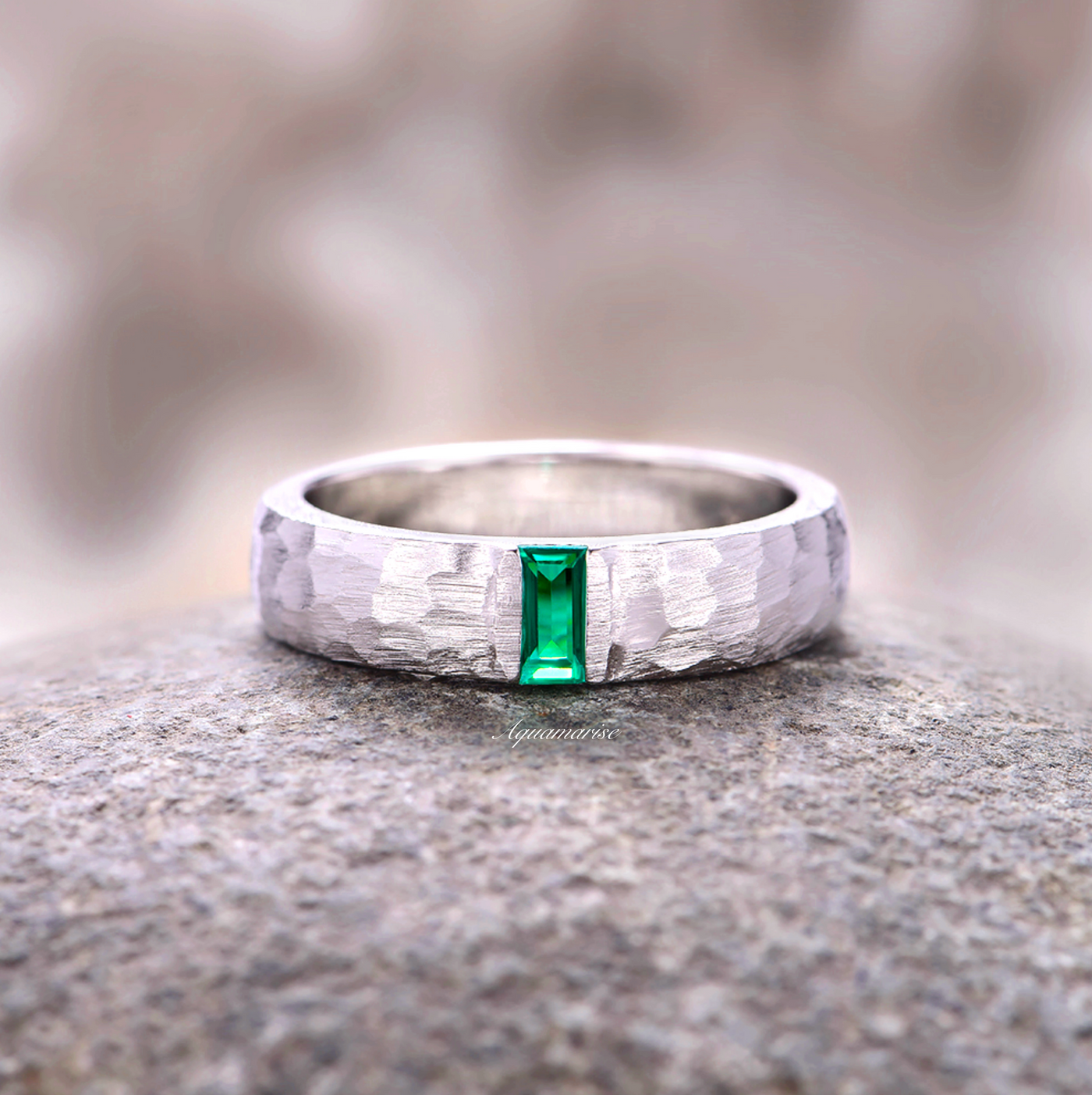 Green Emerald Hammered Men's/ Women Wedding Band- 925 Sterling Silver 5.5mm Wedding Band Brushed Comfort Fit- Minimalist Ring Gift For Him