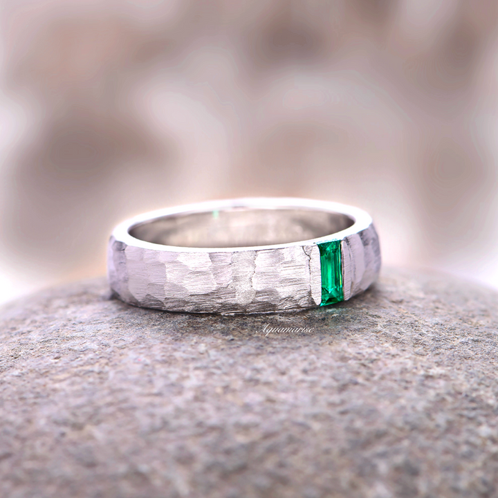 Hammered Emerald Wedding Band- 14K White Gold