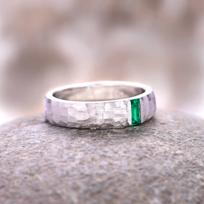Green Emerald Hammered Men's/ Women Wedding Band- 925 Sterling Silver 5.5mm Wedding Band Brushed Comfort Fit- Minimalist Ring Gift For Him