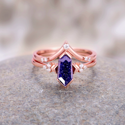 Coffin Cut Galaxy Sandstone Ring- 14K Rose Gold Vermeil Unique Goldstone Engagement Ring Set- Unique Promise Ring For Her Orion Nebula Ring
