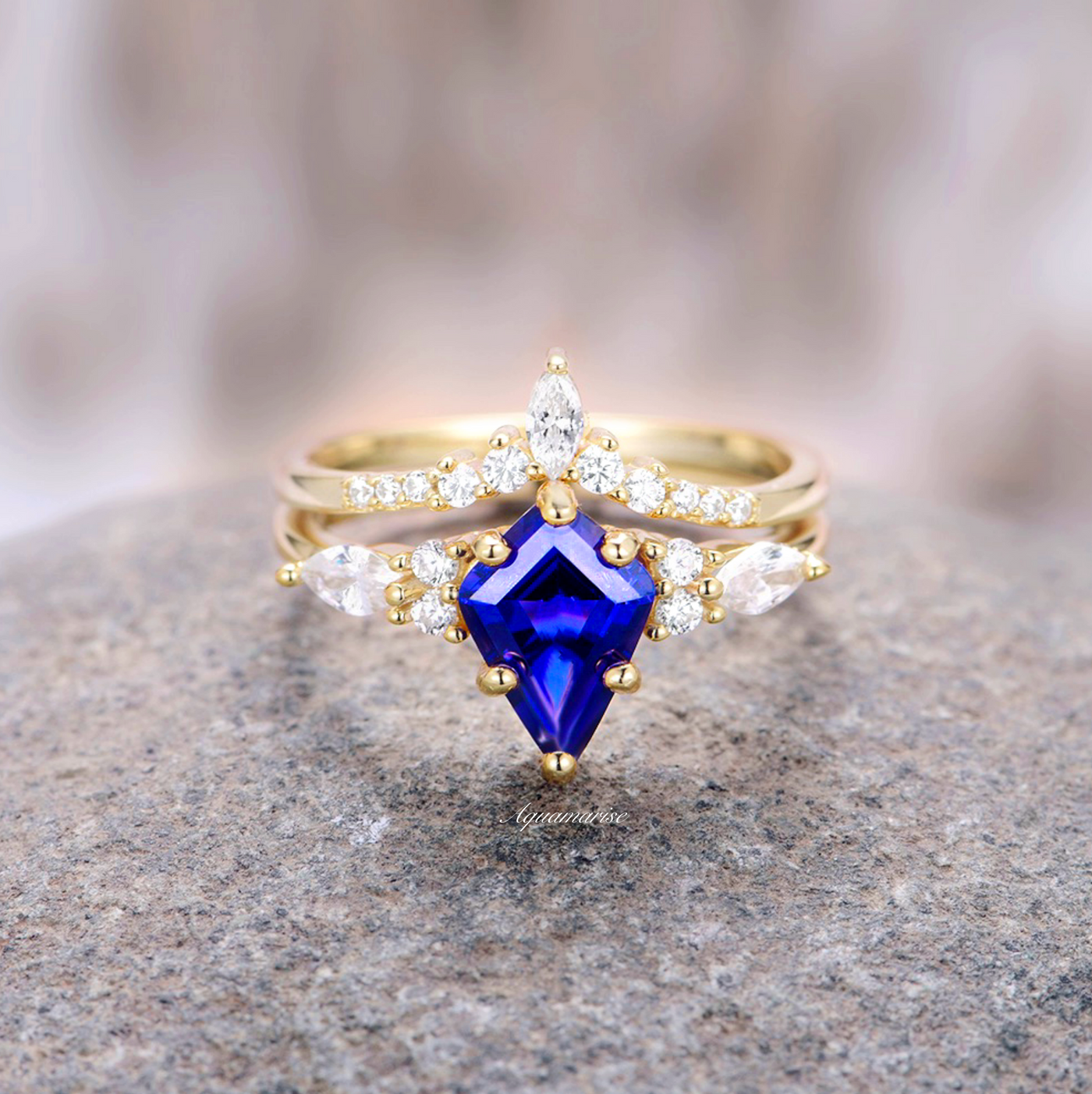 Skye Blue Sapphire Engagement Ring Set For Women- 14K Yellow Gold Vermeil Bridal Ring Set- Promise Ring- Anniversary Birthday Gift For Her