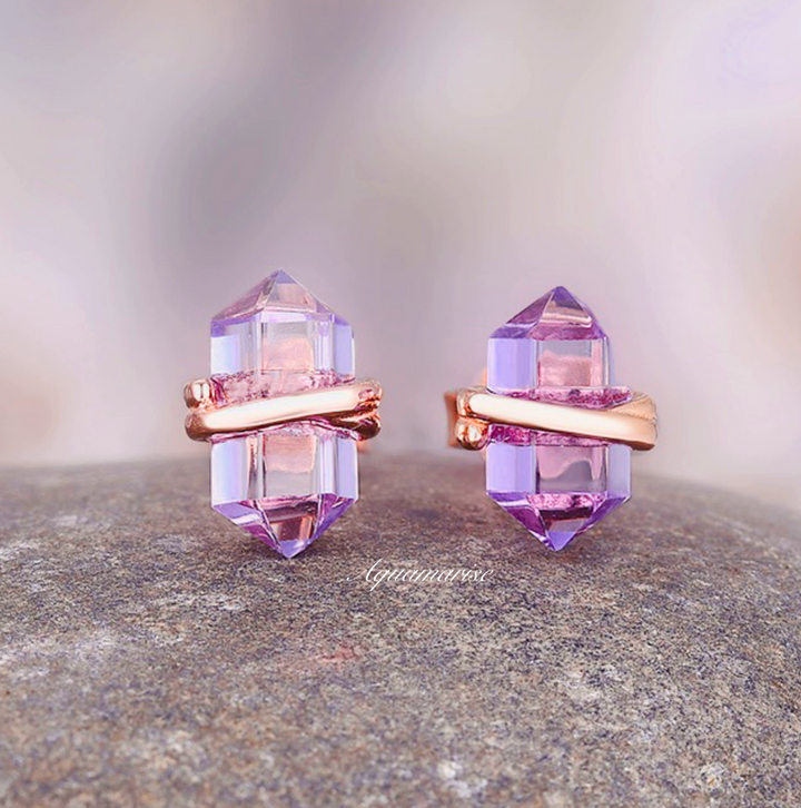 Minimalist Raw Alexandrite Stud Earrings- 14K Rose Gold Vermeil