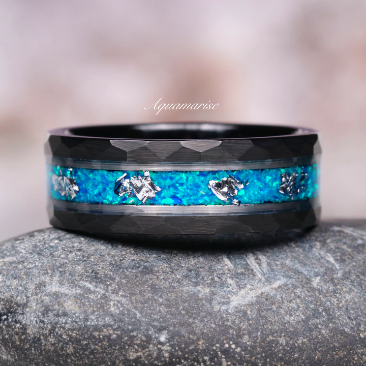 Blue Fire Opal Wedding Band- 8MM Black Tungsten