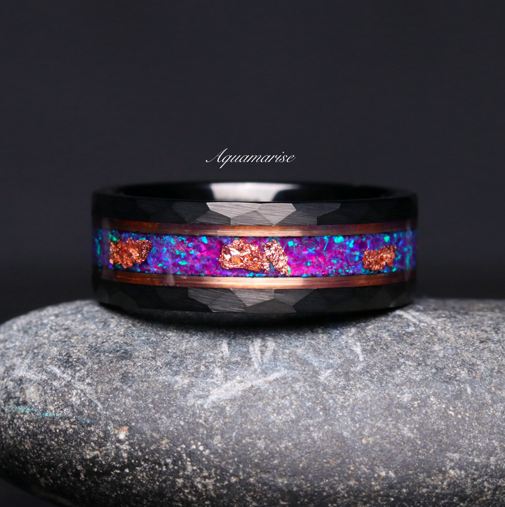 Purple Fire Opal & Rose Gold Leaf Band - 8MM Black Tungsten Carbide