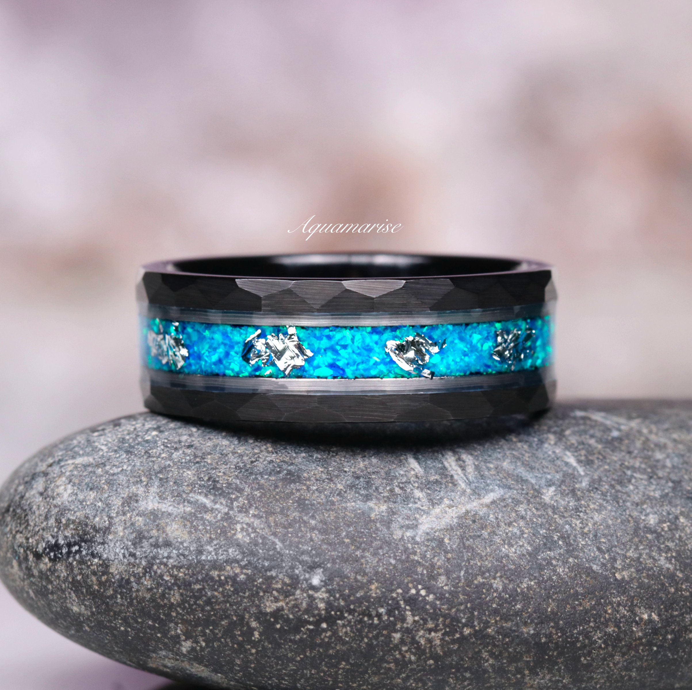 Blue Fire Opal Wedding Band- 8MM Black Tungsten – Aquamarise