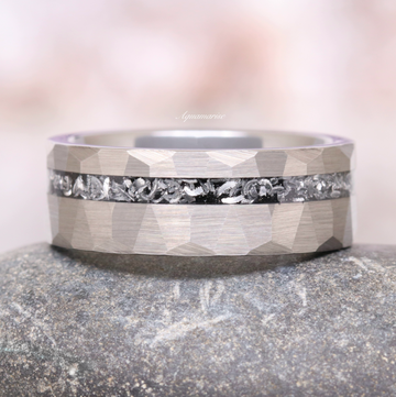 Galaxy Salt and Pepper (Herkimer) Diamond & Meteorite Couples Ring Set by Aquamarise featuring a textured silver tungsten band with embedded meteorite and diamond details for matching couples.