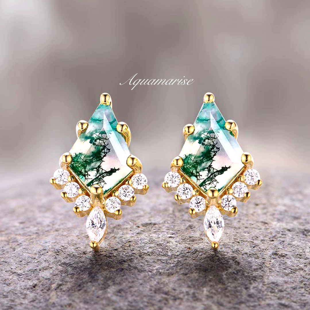 Skye Kite™  Kite Green Moss Agate Stud Earrings- 14K Yellow Gold Vermeil