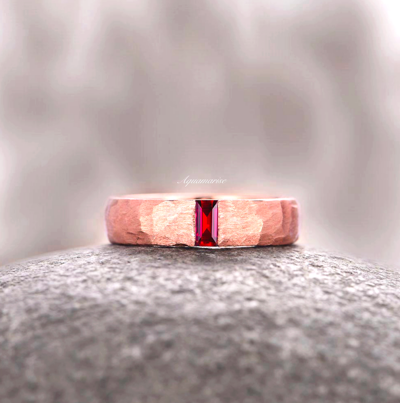 Natural Garnet Men's Wedding Band- 14K Rose Gold Vermeil Hammered Ring- 5.5mm Mens Red Wedding Ring Unique Birthstone Promise Ring For Him