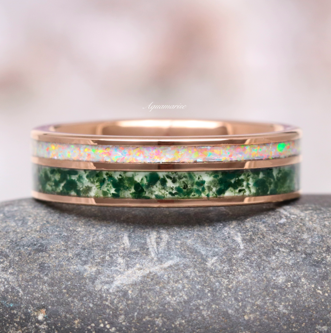 Moss Agate & Fire Opal Wedding Band- 6MM Rose Gold Tungsten