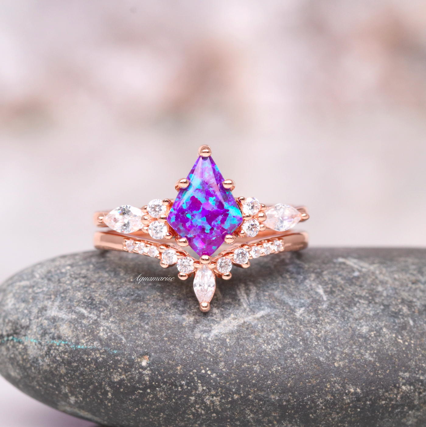 Skye Lavender Opal Ring Set For Women- 14K Rose Gold Vermeil Engagement Ring For Her- Unique Dainty Promise Ring- Anniversary Gift For Her