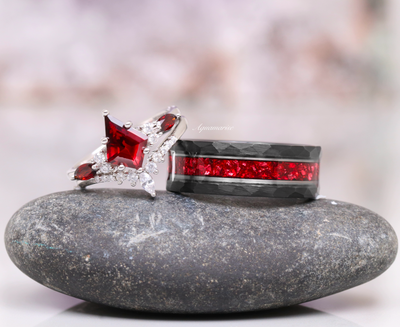 Skye Natural Red Garnet Couples Ring Set- His and Hers Two-Tone Matching Wedding Band