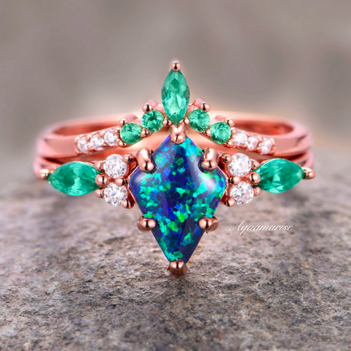 Skye Kite™  Peacock Opal & Emerald Engagement Ring Set- 14K Rose Gold Vermeil