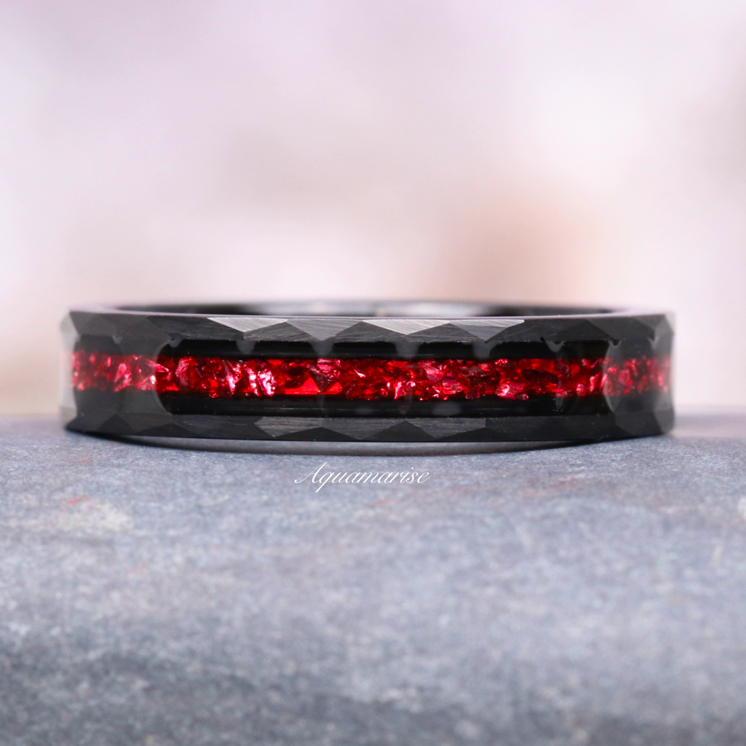 Crushed Red Garnet Wedding Band- 4MM Black Tungsten